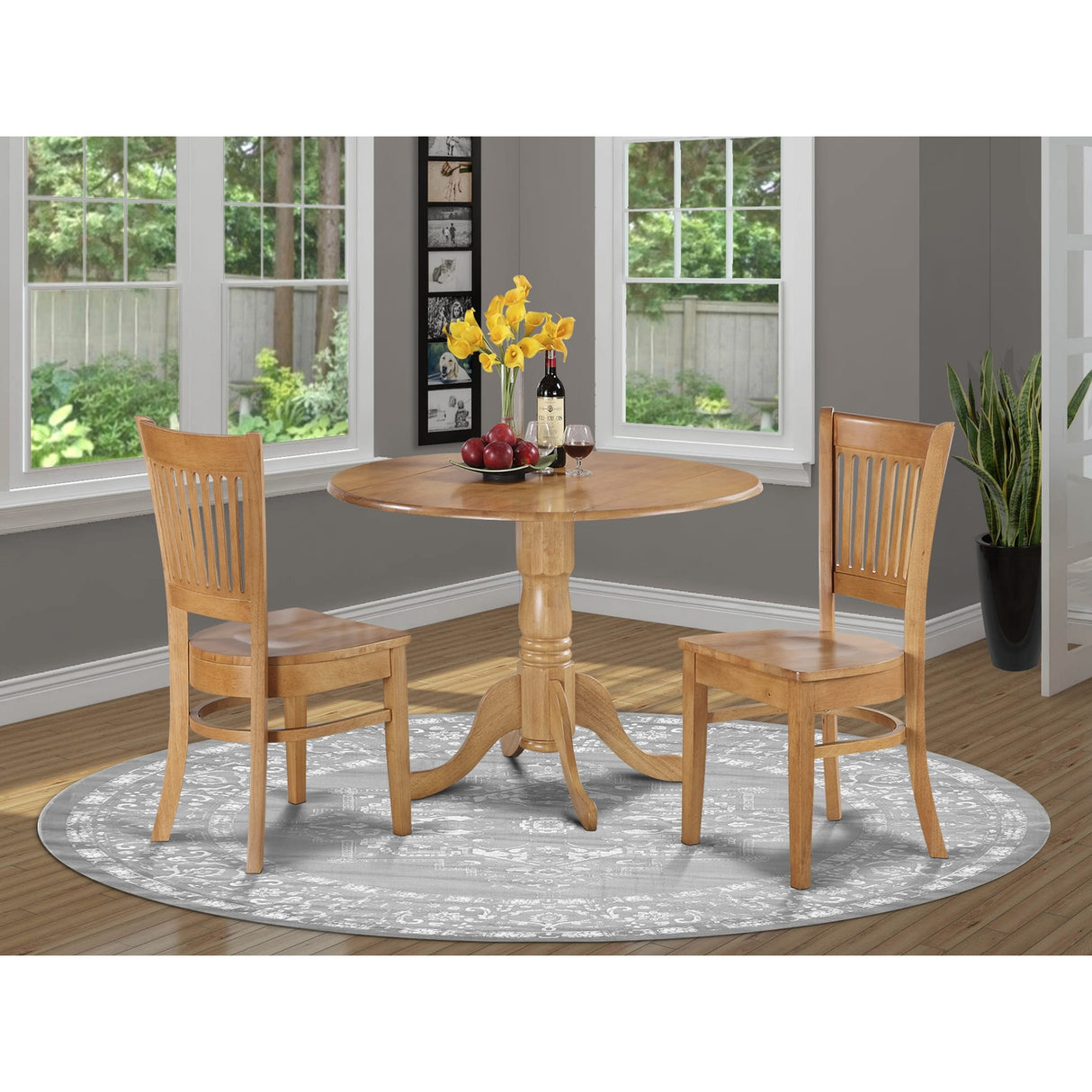 East West Furniture 3 Piece Dining Set- a Round Dining Room Table and 2 Chairs, Oak(Seat Type Options)