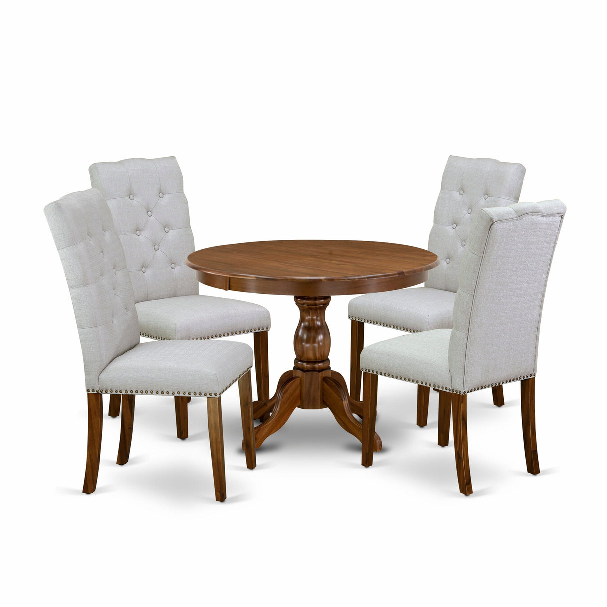 East West Furniture 5 Piece Dining Set- a Round Dining Table with Pedestal and 4 Linen Fabric Kitchen Chairs, (Finish Options)