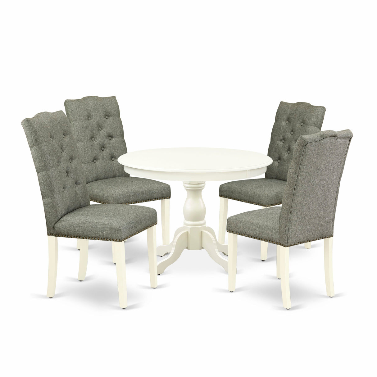 East West Furniture 5 Piece Dining Set- a Round Dining Table with Pedestal and 4 Linen Fabric Kitchen Chairs, (Finish Options)