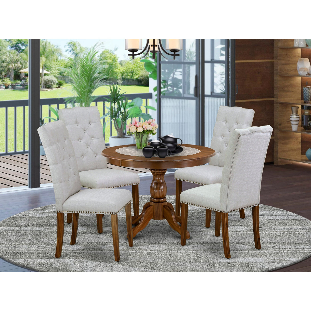 East West Furniture 5 Piece Dining Set- a Round Dining Table with Pedestal and 4 Linen Fabric Kitchen Chairs, (Finish Options)