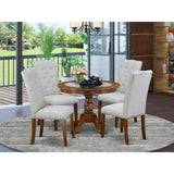 East West Furniture 5 Piece Dining Set- a Round Dining Table with Pedestal and 4 Linen Fabric Kitchen Chairs, (Finish Options)