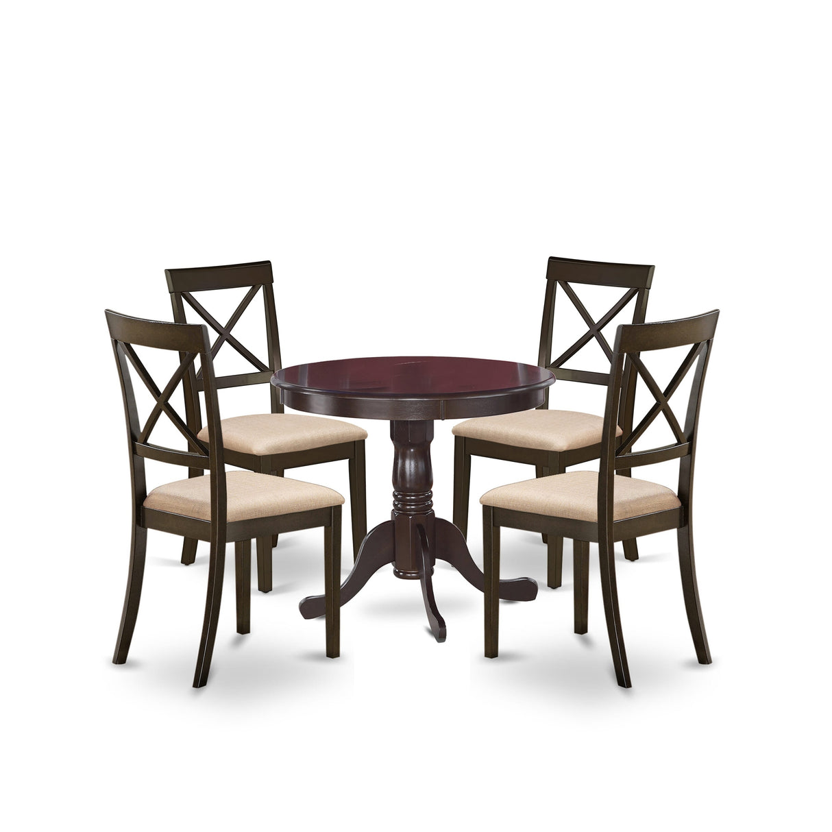 East West Furniture 5 Piece Kitchen Table Set- A Round Dining Room Table and Dining Chairs, Cappuccino (Seat Type Option)