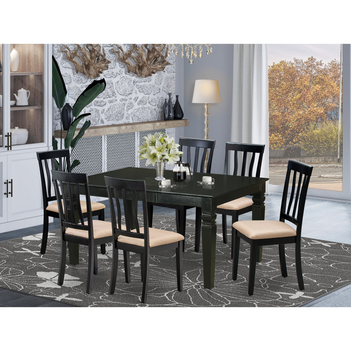 East West Furniture 7 Piece Modern Dining Table Set- a Wooden Table and 6 Chairs, Black(Seat Type Options)