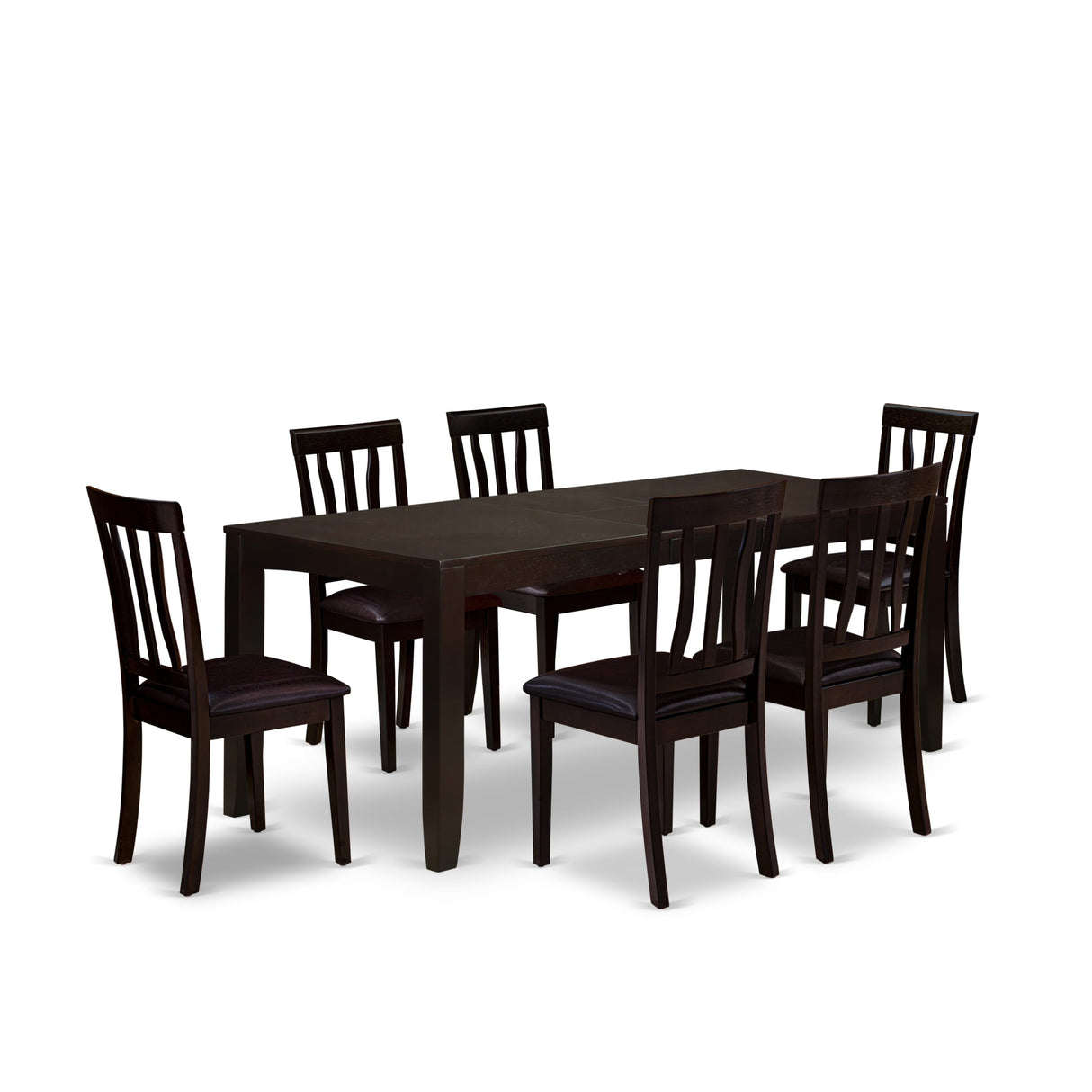 East West Furniture Dining Table Set- a Dinner Table and 6 Dining Room Chairs, Cappuccino (Seat Options)