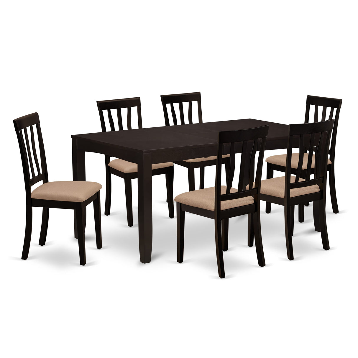 East West Furniture Dining Table Set- a Dinner Table and 6 Dining Room Chairs, Cappuccino (Seat Options)