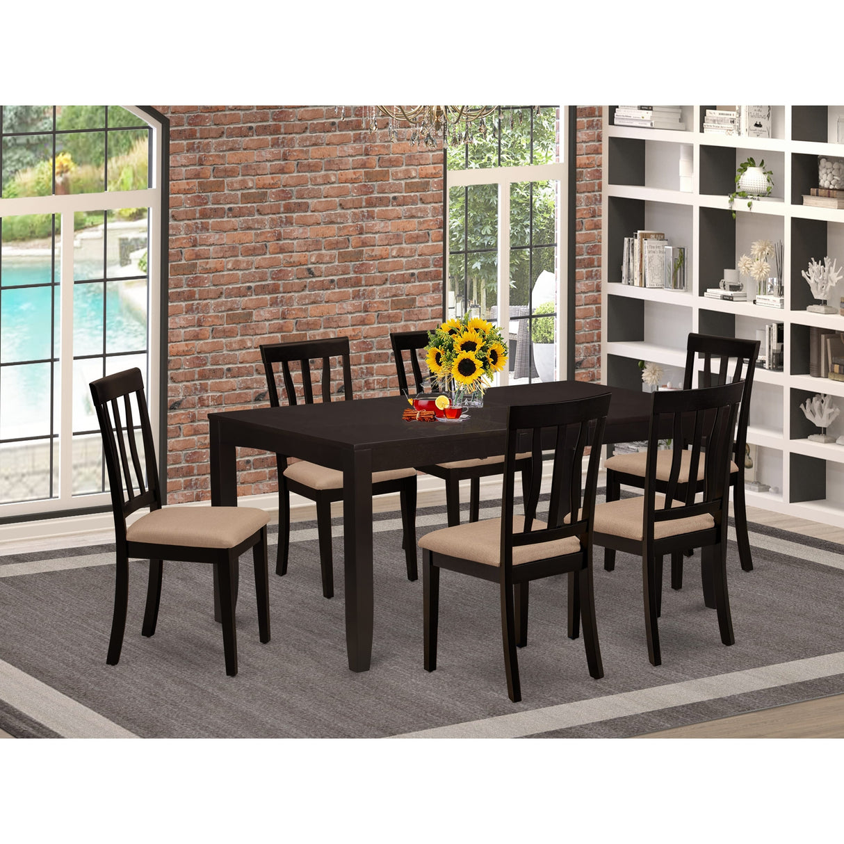 East West Furniture Dining Table Set- a Dinner Table and 6 Dining Room Chairs, Cappuccino (Seat Options)