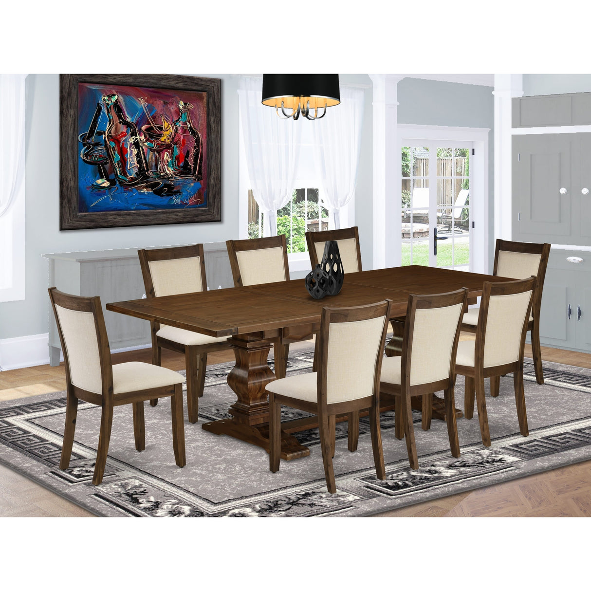 East West Furniture Dining Table Set- a Wooden Table and Light Beige Linen Fabric Chairs,(Pieces Options)
