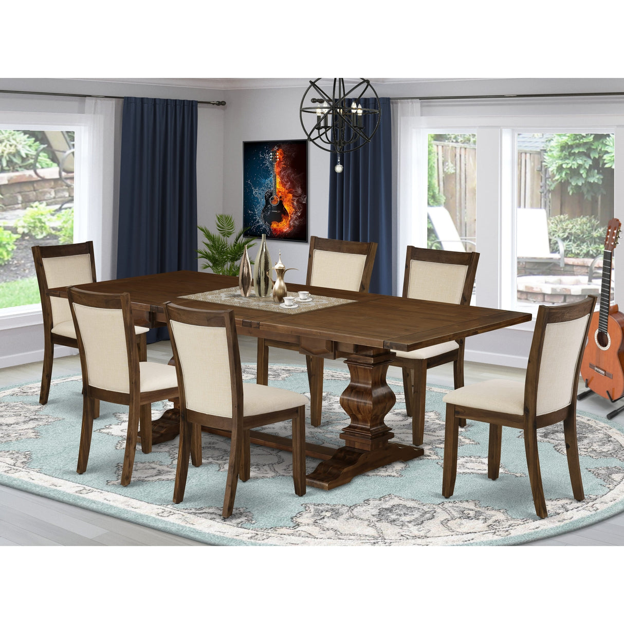 East West Furniture Dining Table Set- a Wooden Table and Light Beige Linen Fabric Chairs,(Pieces Options)