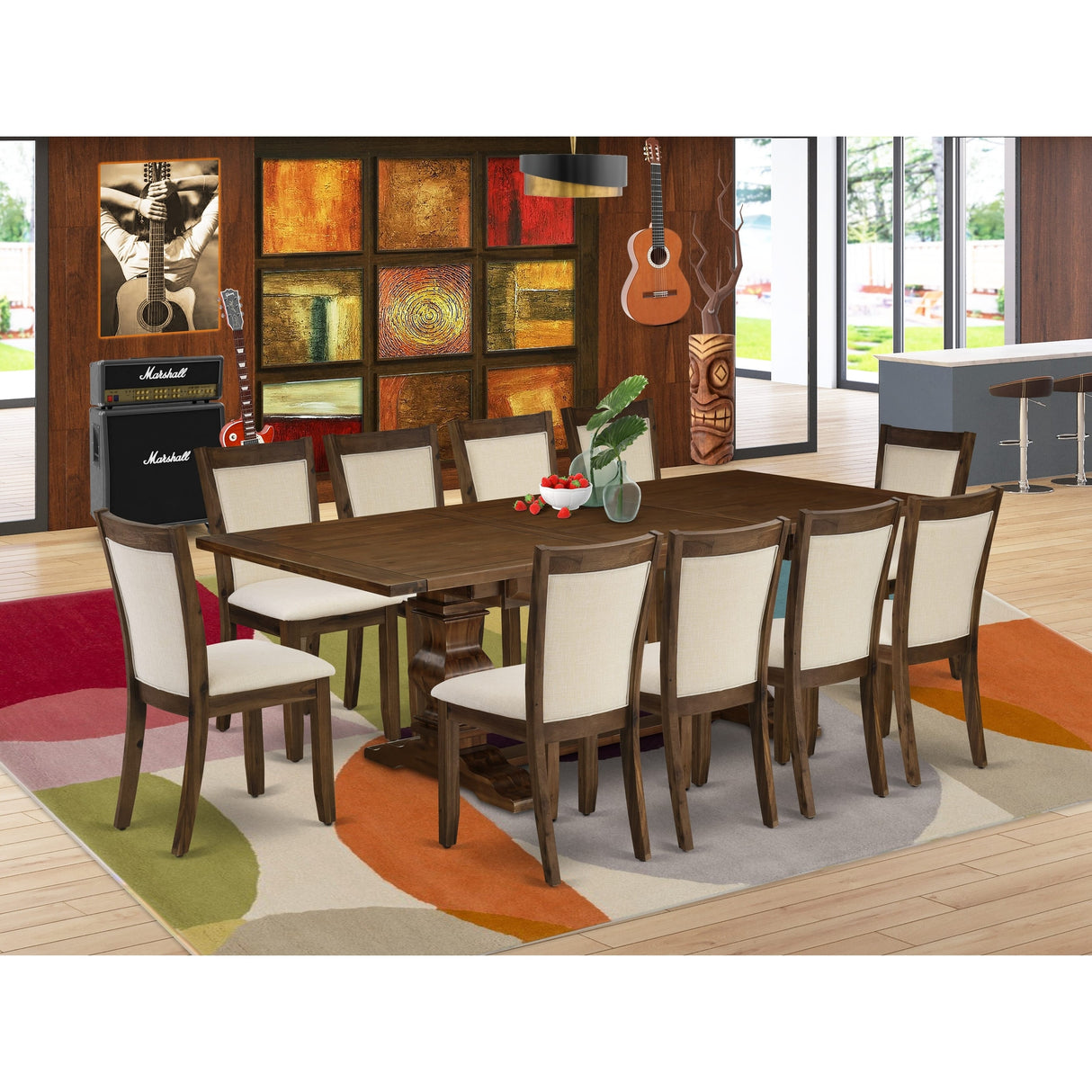 East West Furniture Dining Table Set- a Wooden Table and Light Beige Linen Fabric Chairs,(Pieces Options)