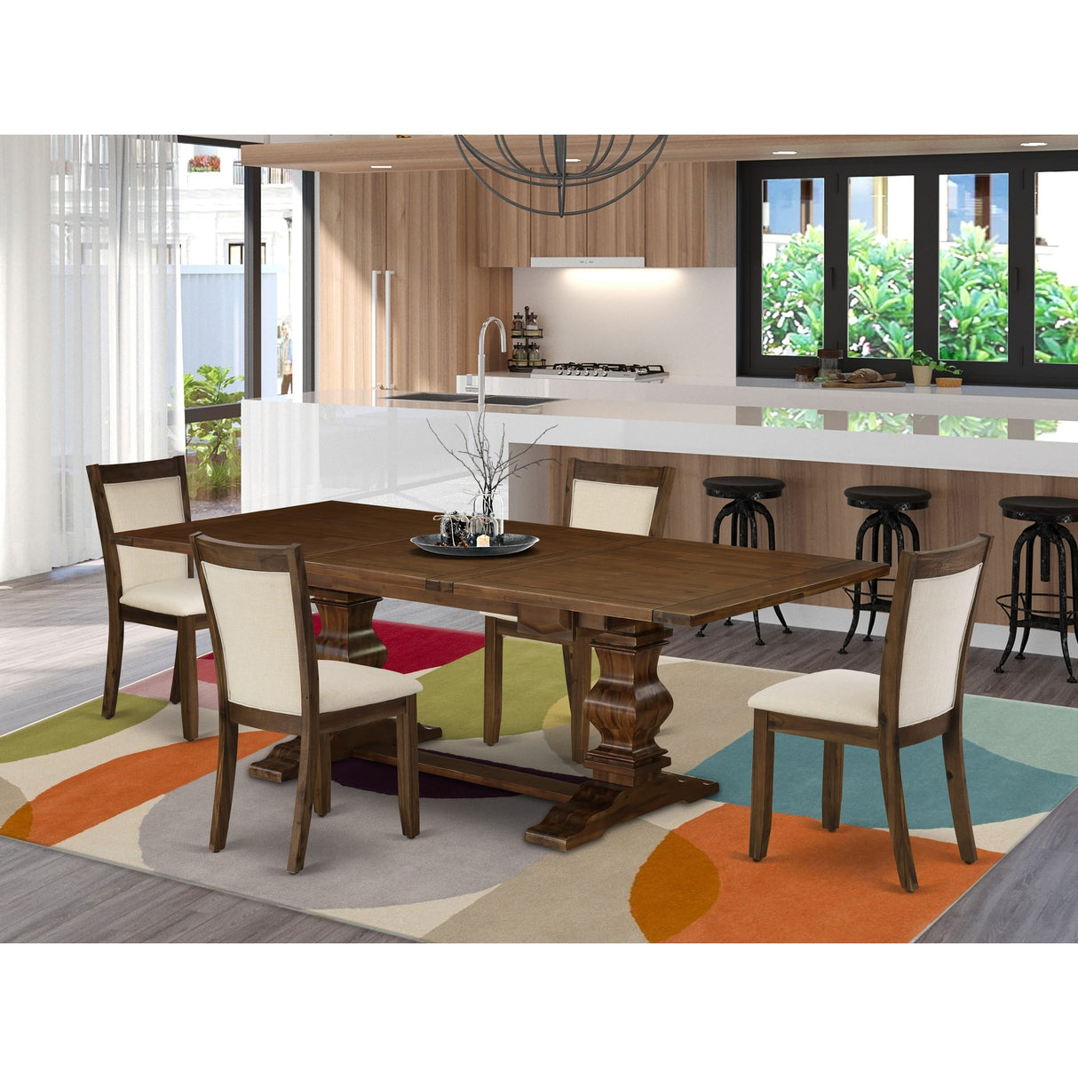 East West Furniture Dining Table Set- a Wooden Table and Light Beige Linen Fabric Chairs,(Pieces Options)