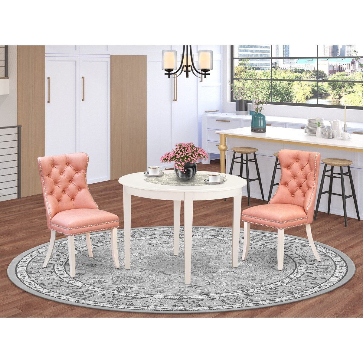 East West Furniture Dining Table Set Includes a Round Dining Table and Upholstered Chairs, Linen White (Pieces Options)