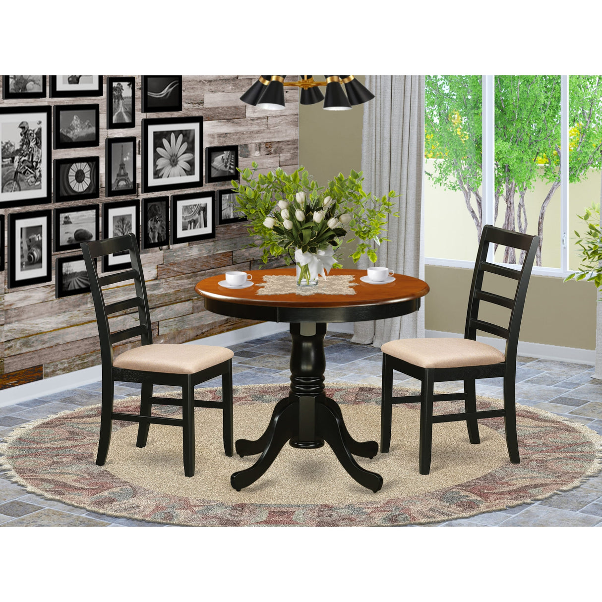 East West Furniture Kitchen Table Set Contains a Round Dining Room Table and 2 Kitchen Chairs, Black & Cherry (Seat Options)