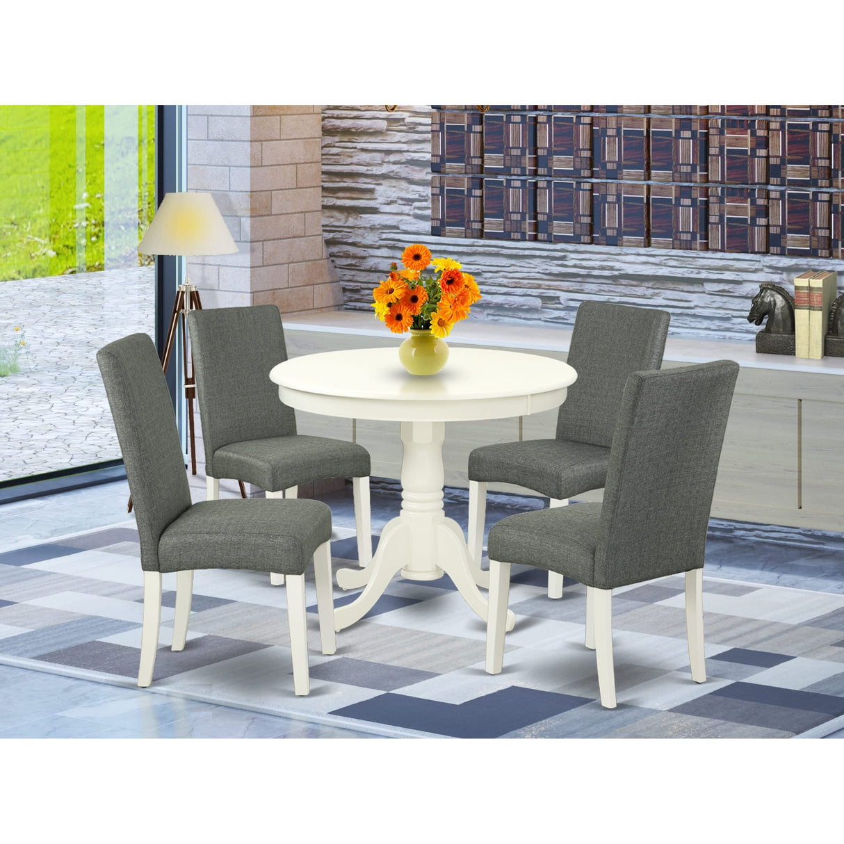 East West Furniture Modern Table Set- A Round Kitchen Table and Gray Linen Fabric Parsons Chairs, Linen White(Pieces Options)