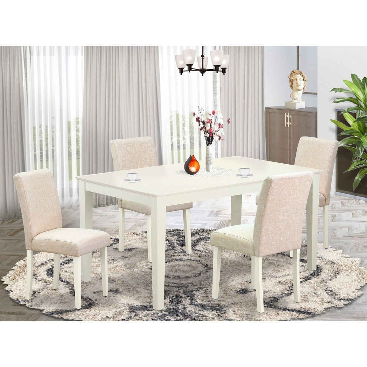 East West Furniture Modern Table Set- a Kitchen Table and Light Beige Linen Fabric Chairs, Linen White(Pieces Options)