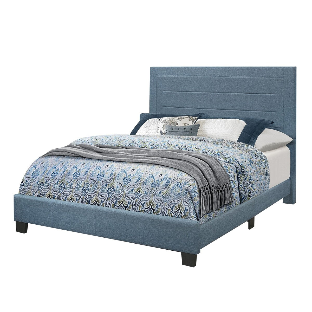Eastern King Bed with Fabric Wrapped Frame and Panel Headboard, Blue