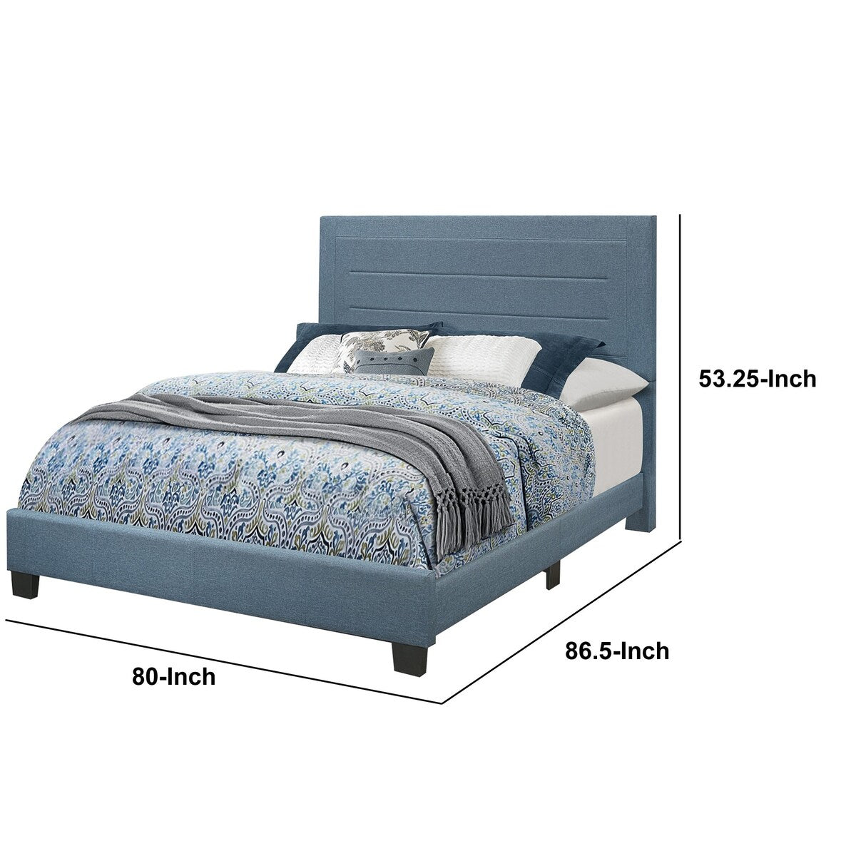 Eastern King Bed with Fabric Wrapped Frame and Panel Headboard, Blue