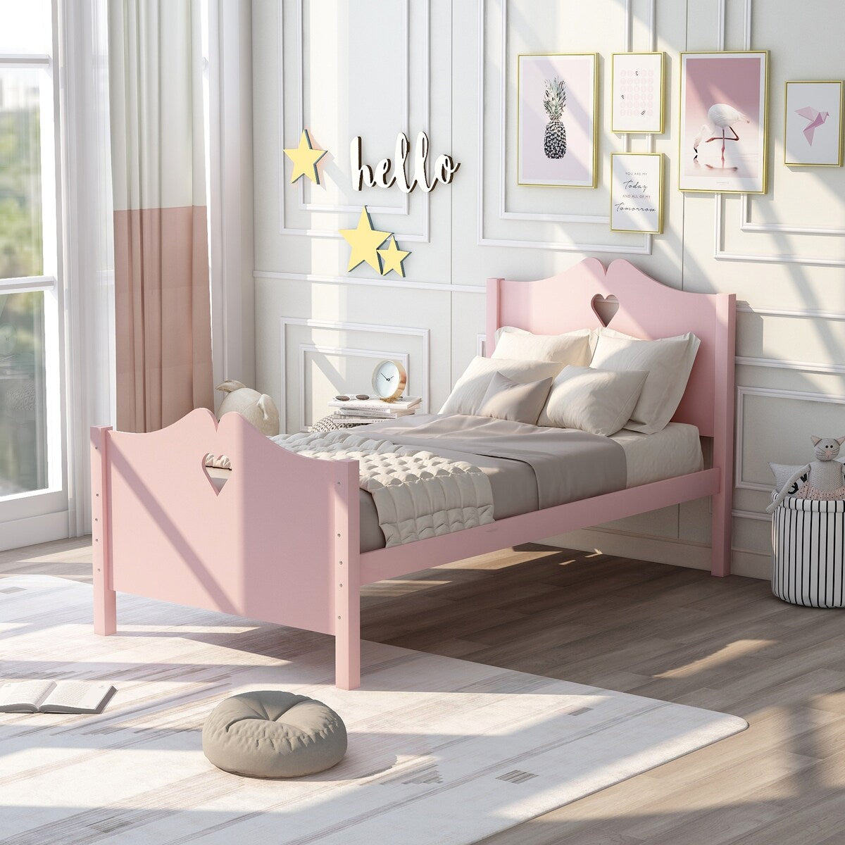 Easy Assemble Twin Platform Bed Frame with Love-Heart Shape Headboard