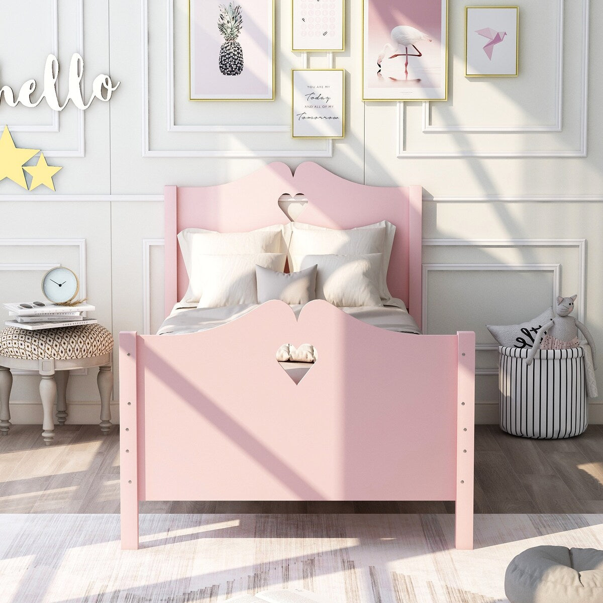 Easy Assemble Twin Platform Bed Frame with Love-Heart Shape Headboard