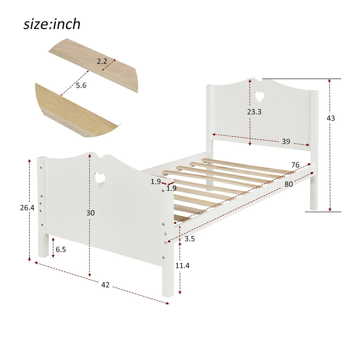 Easy Assemble Twin Platform Bed Frame with Love-Heart Shape Headboard