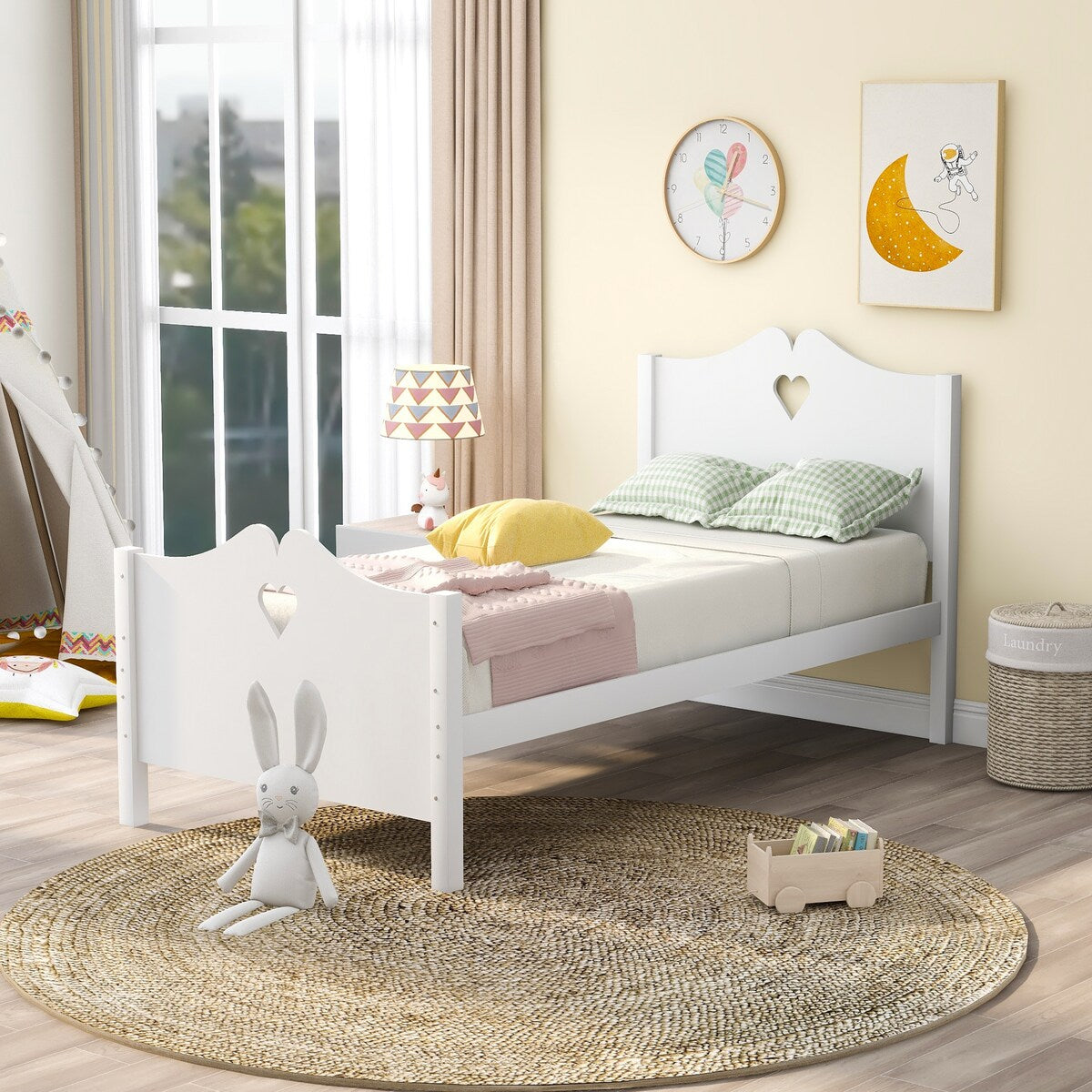 Easy Assemble Twin Platform Bed Frame with Love-Heart Shape Headboard