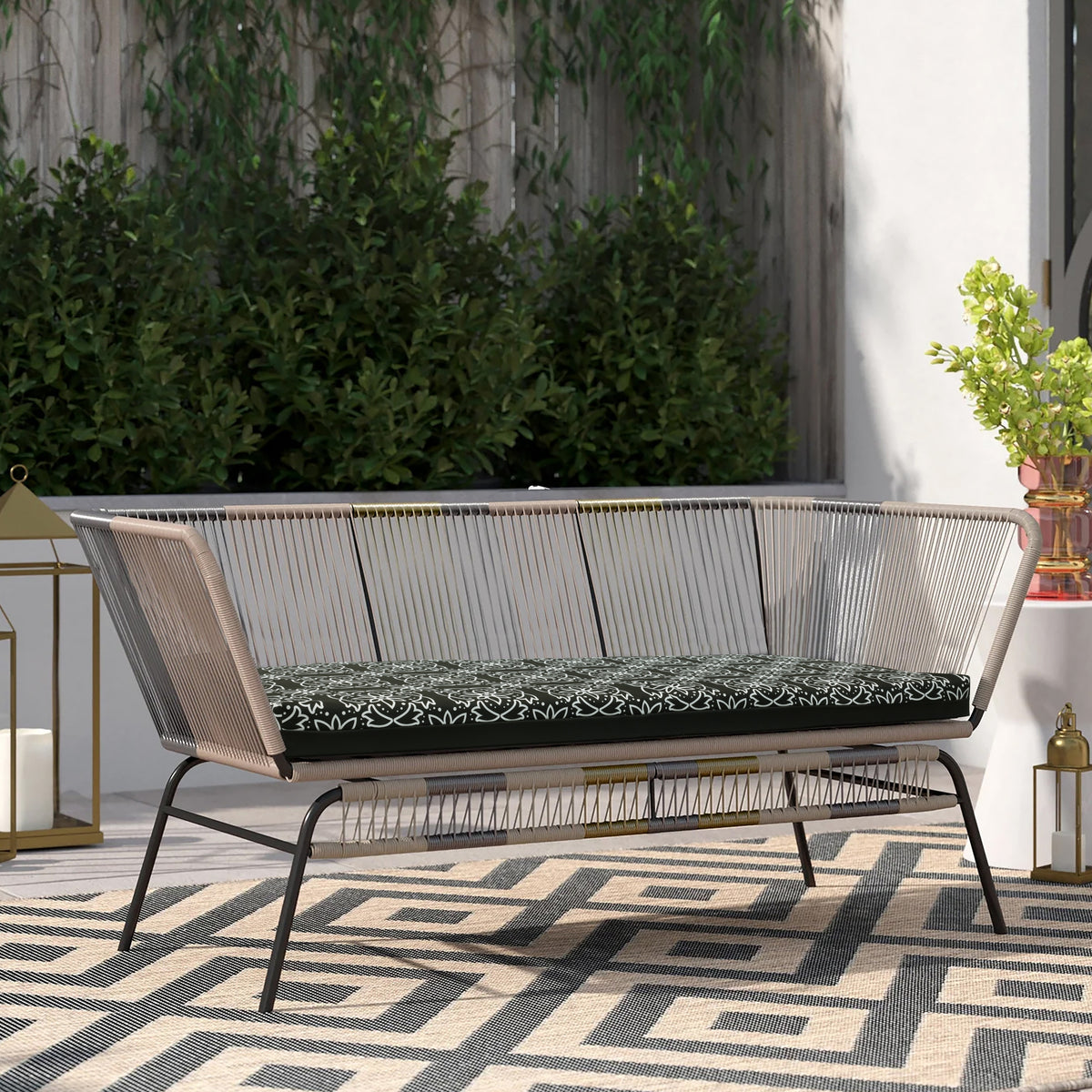Ebony Outdoor Medallion Print Bench Seat Cushion 48 x 18 in Black - 48
