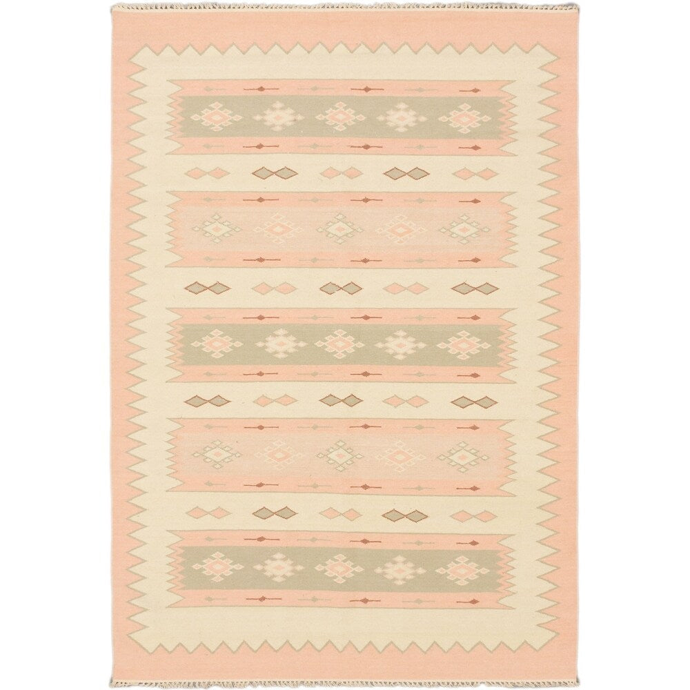 Ecarpetgallery Izmir Kilim Cream, Pale Weak Red Wool Open Field Kilim Rug