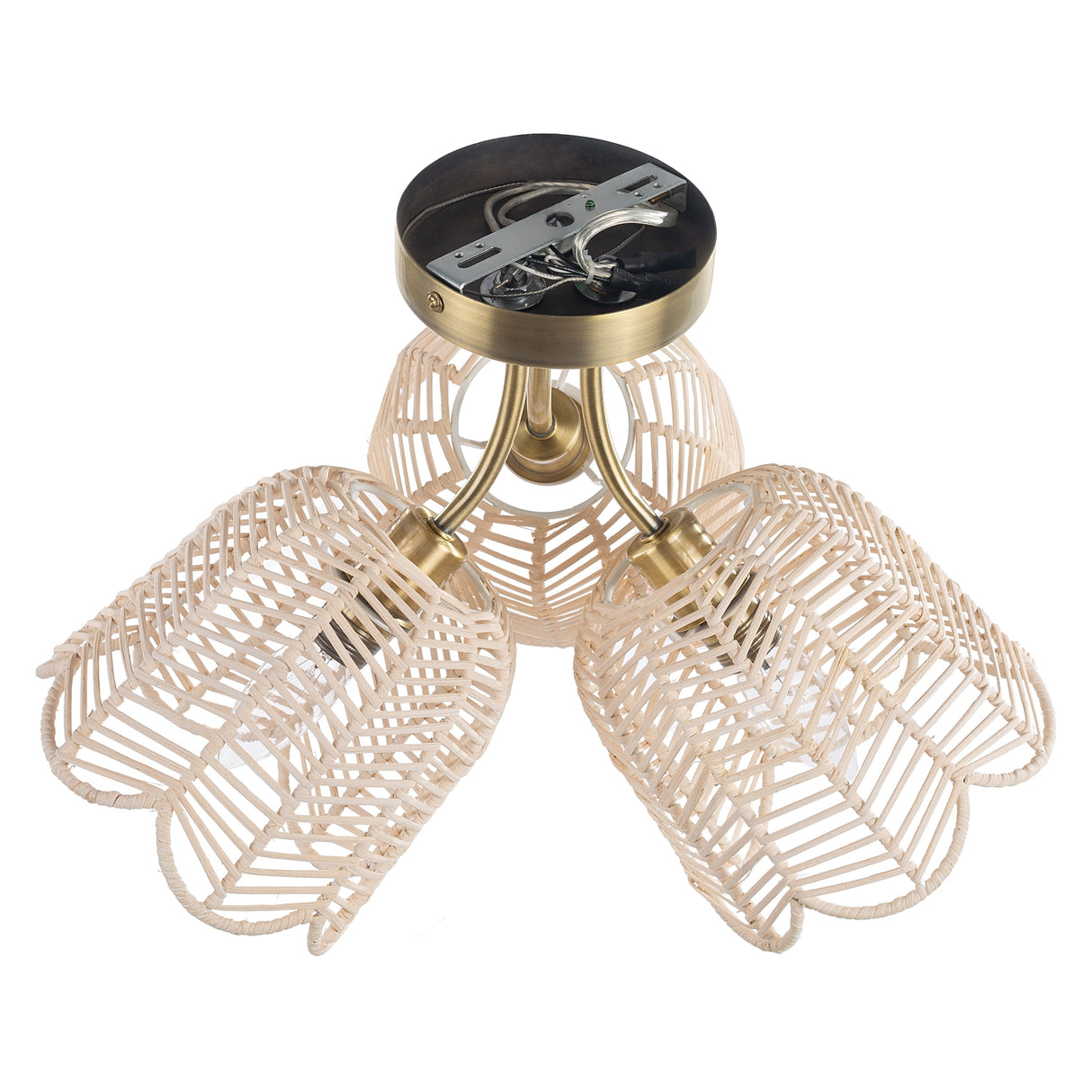 Echo River of Goods Gold and White Rattan and Metal Trio-Shade 18-Inch Ceiling Light - 18" x 18" x 11.5"
