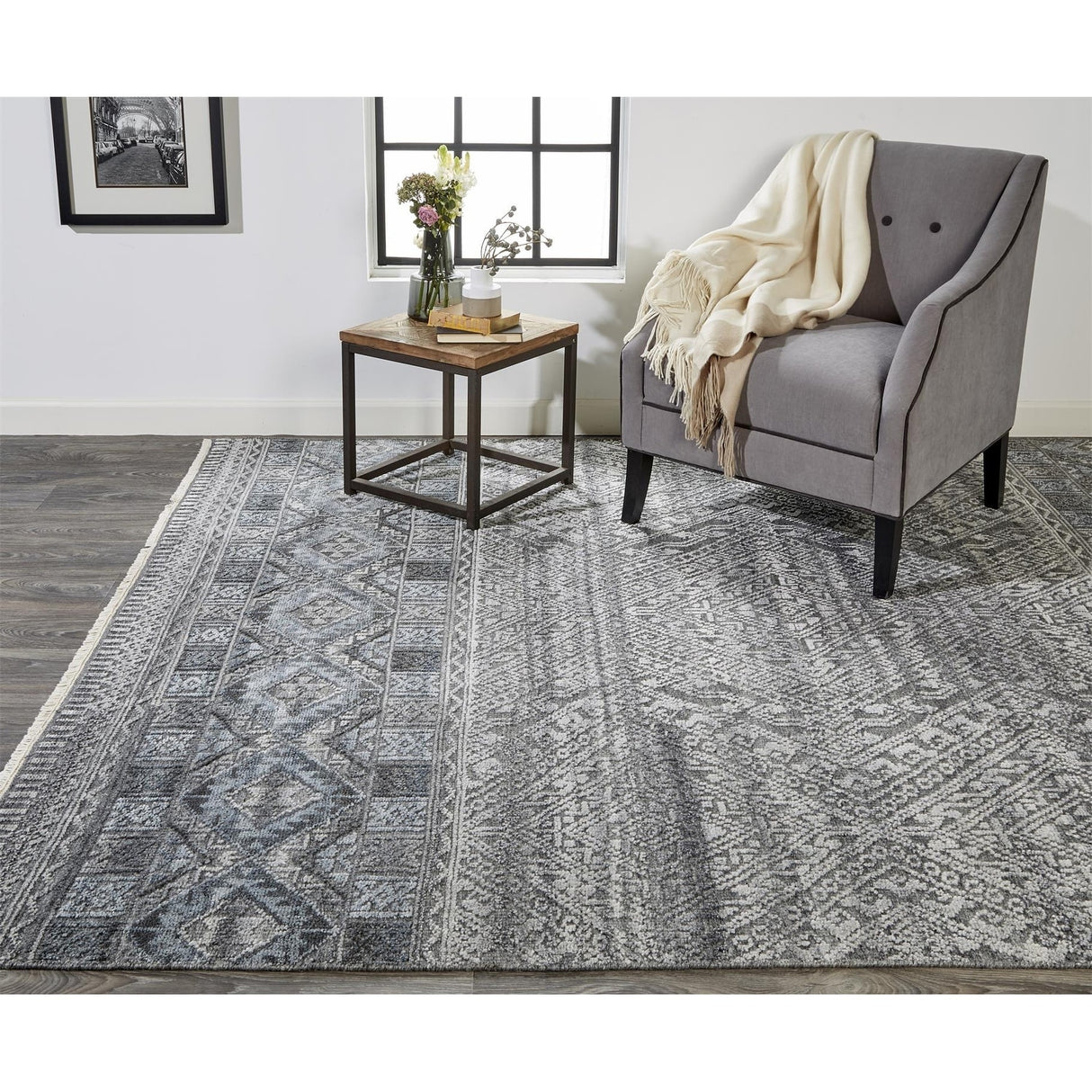 Eckhart Tribal Diamond Rug, Gray/Denim Blue, Area Rug