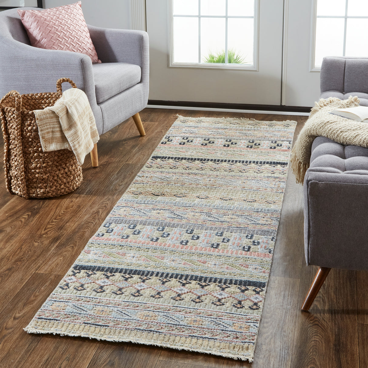 Eckhart Tribal Rug, Khaki Tan/Terracotta/Blue, Area Rug