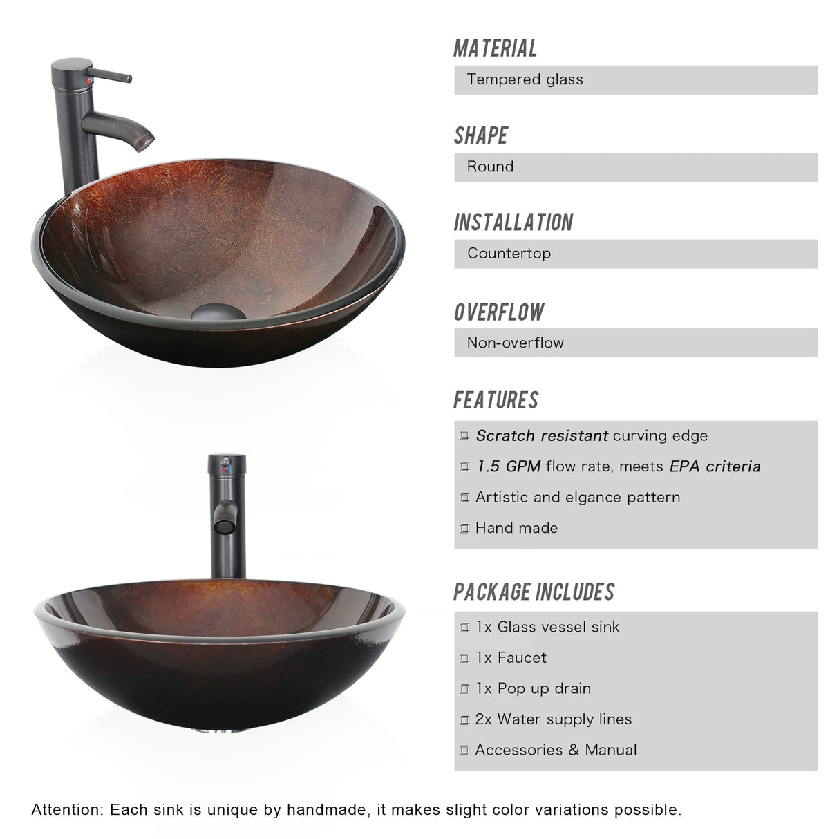 Eclife 16.5" Bathroom Vessel Sink Tempered Glass Round Basin Countertop Bowl Sink with Faucet Pop up Drain