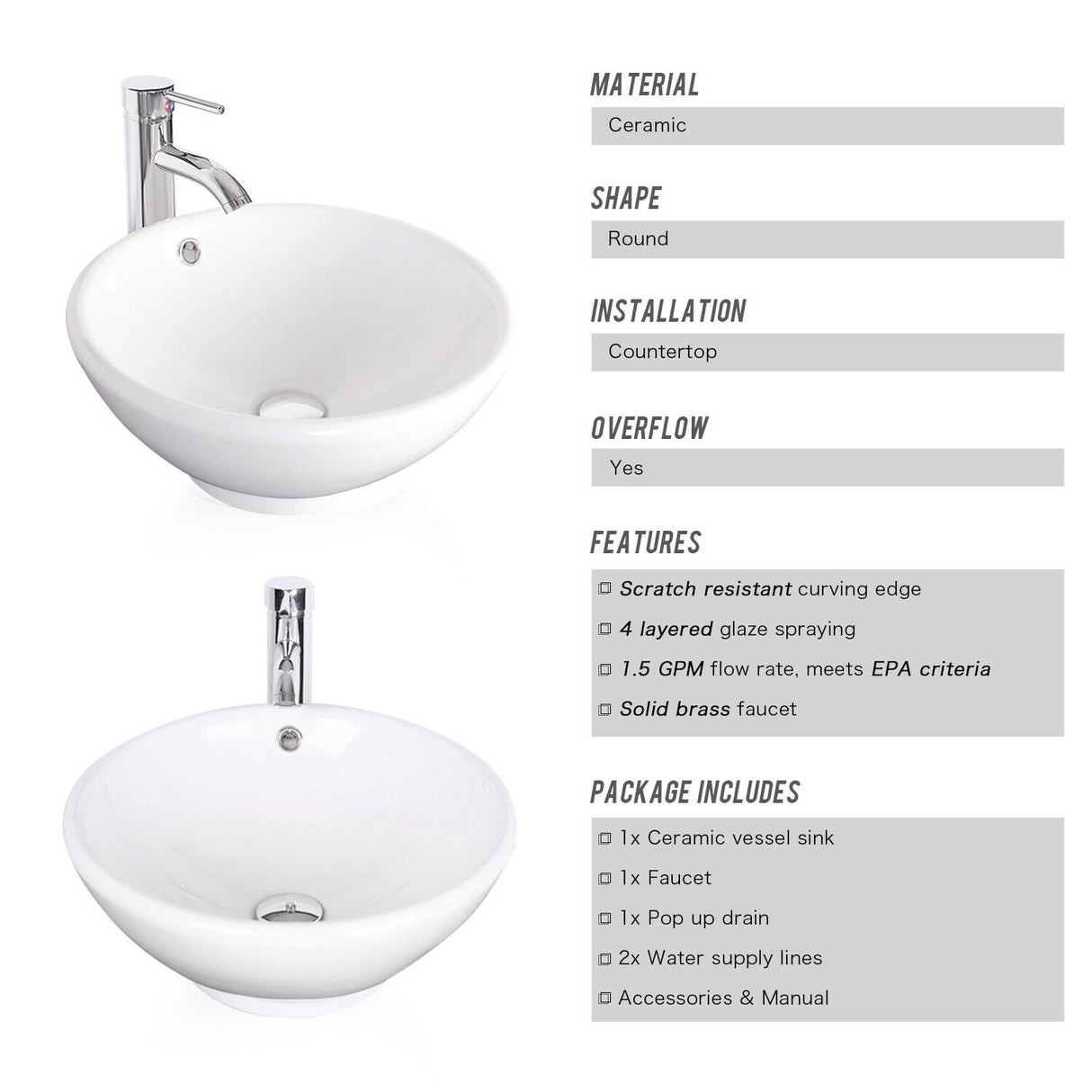 Eclife 16.5" White Ceramic Vessel Bathroom Sink Combo with Faucet 1.5 GPM and Pop up Drain