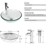 Eclife 16.5" Bathroom Vessel Sink Tempered Glass Round Basin Countertop Bowl Sink with Faucet Pop up Drain