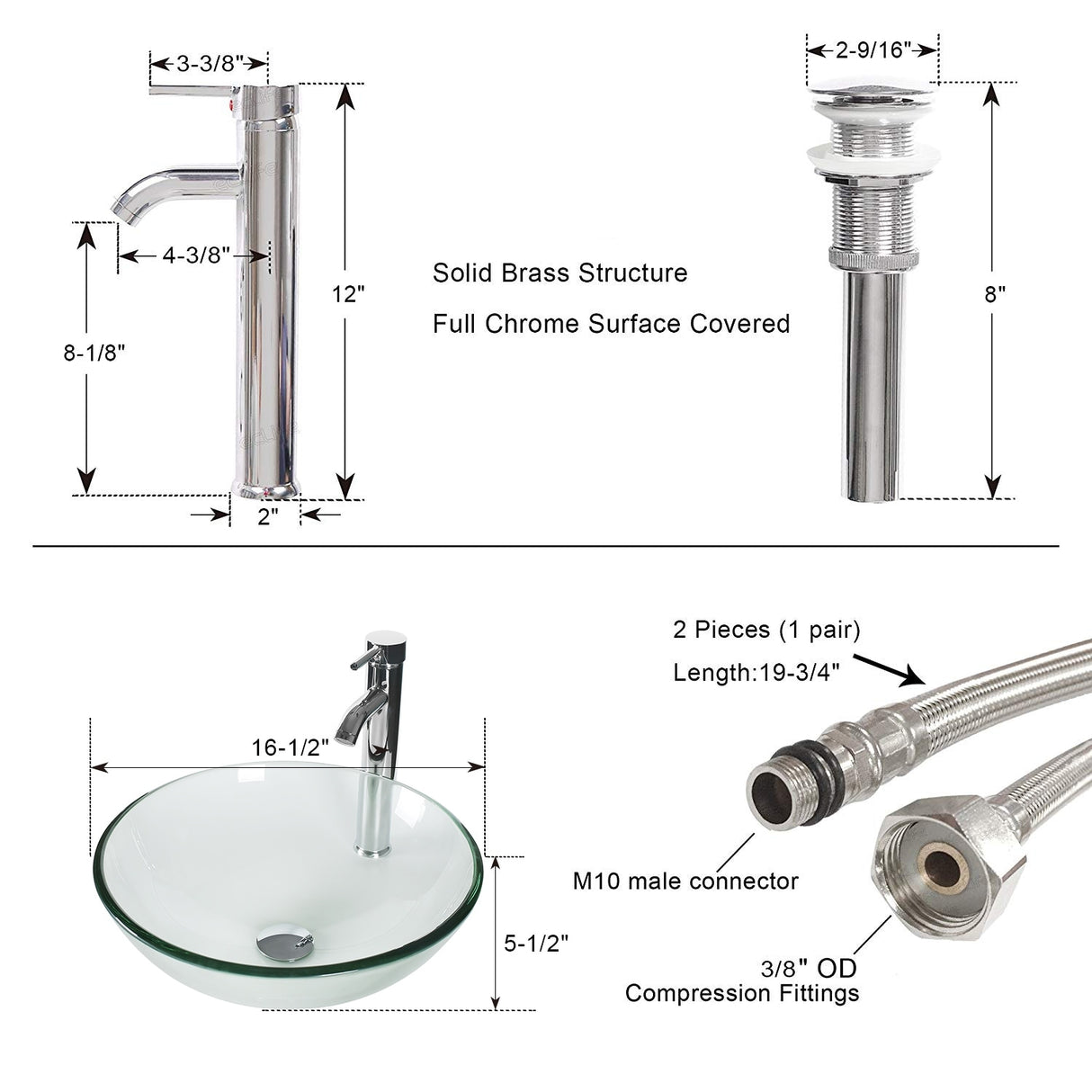 Eclife 16.5" Bathroom Vessel Sink Tempered Glass Round Basin Countertop Bowl Sink with Faucet Pop up Drain