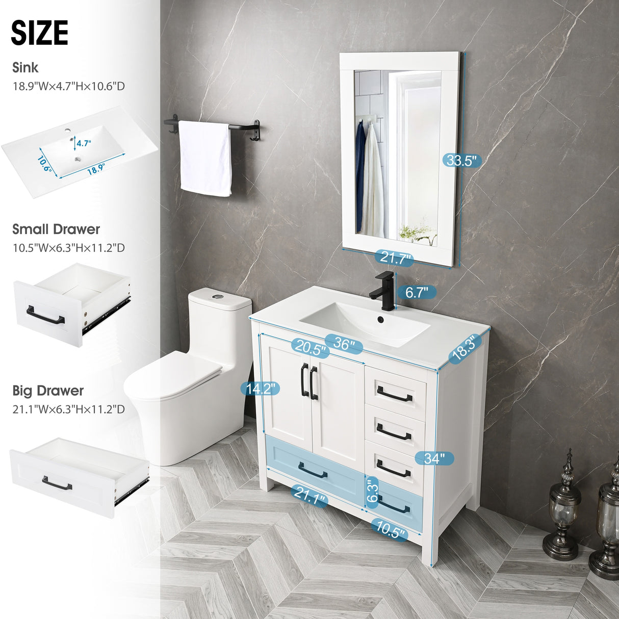 36'' Bathroom Vanities Set Cabinet with Sink Combo Set Under-mount Ceramic Sink Matte Black Faucet Mirror