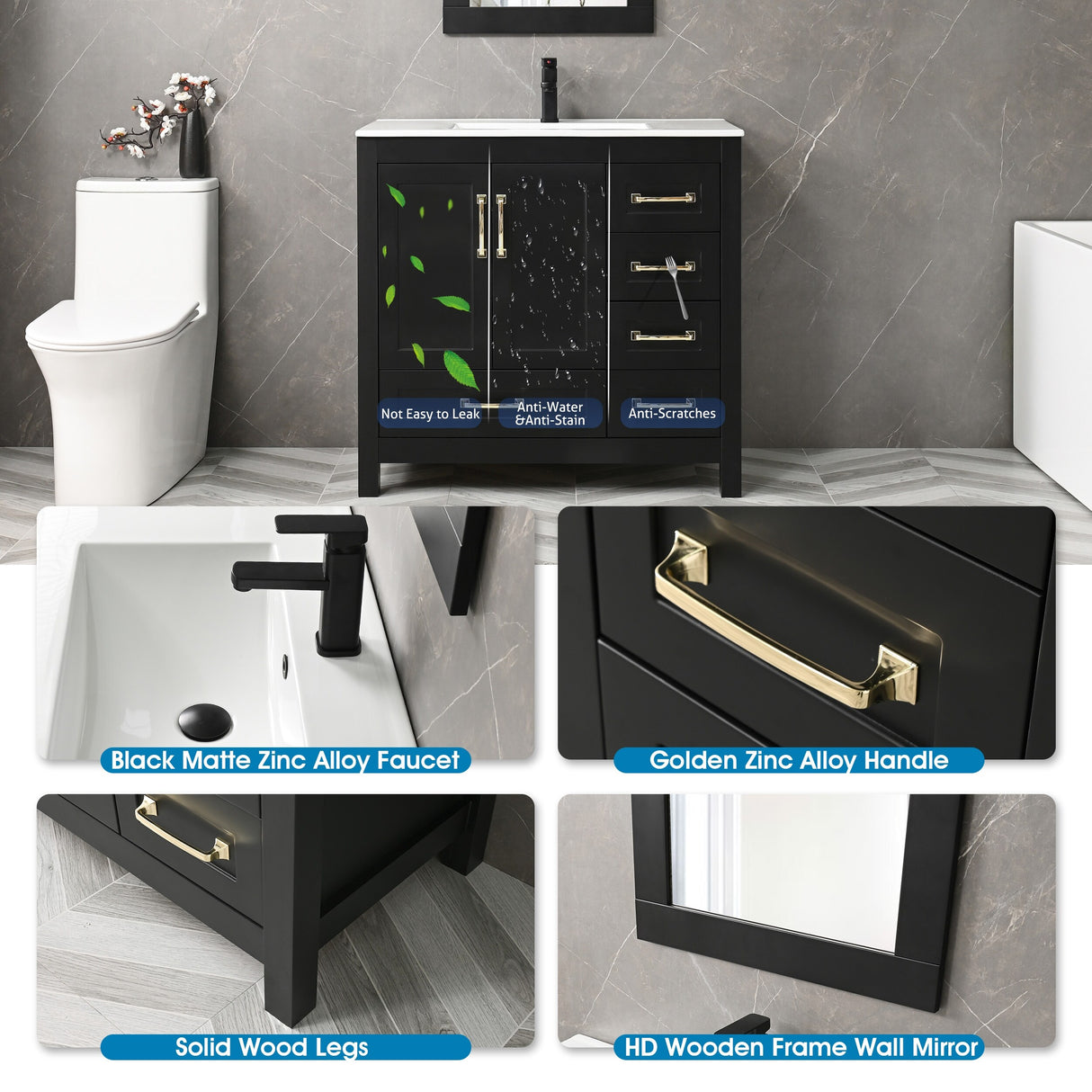 36'' Bathroom Vanities Set Cabinet with Sink Combo Set Under-mount Ceramic Sink Matte Black Faucet Mirror