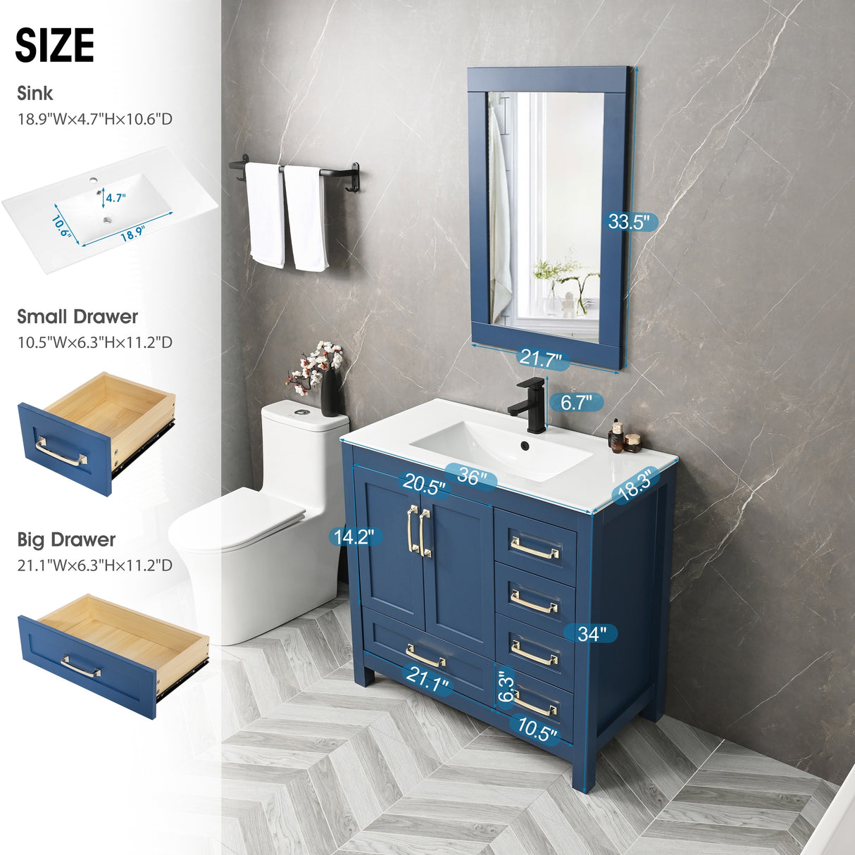 36'' Bathroom Vanities Set Cabinet with Sink Combo Set Under-mount Ceramic Sink Matte Black Faucet Mirror