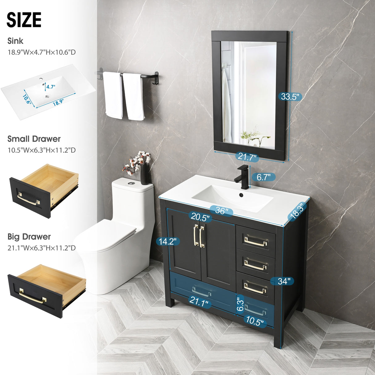 36'' Bathroom Vanities Set Cabinet with Sink Combo Set Under-mount Ceramic Sink Matte Black Faucet Mirror