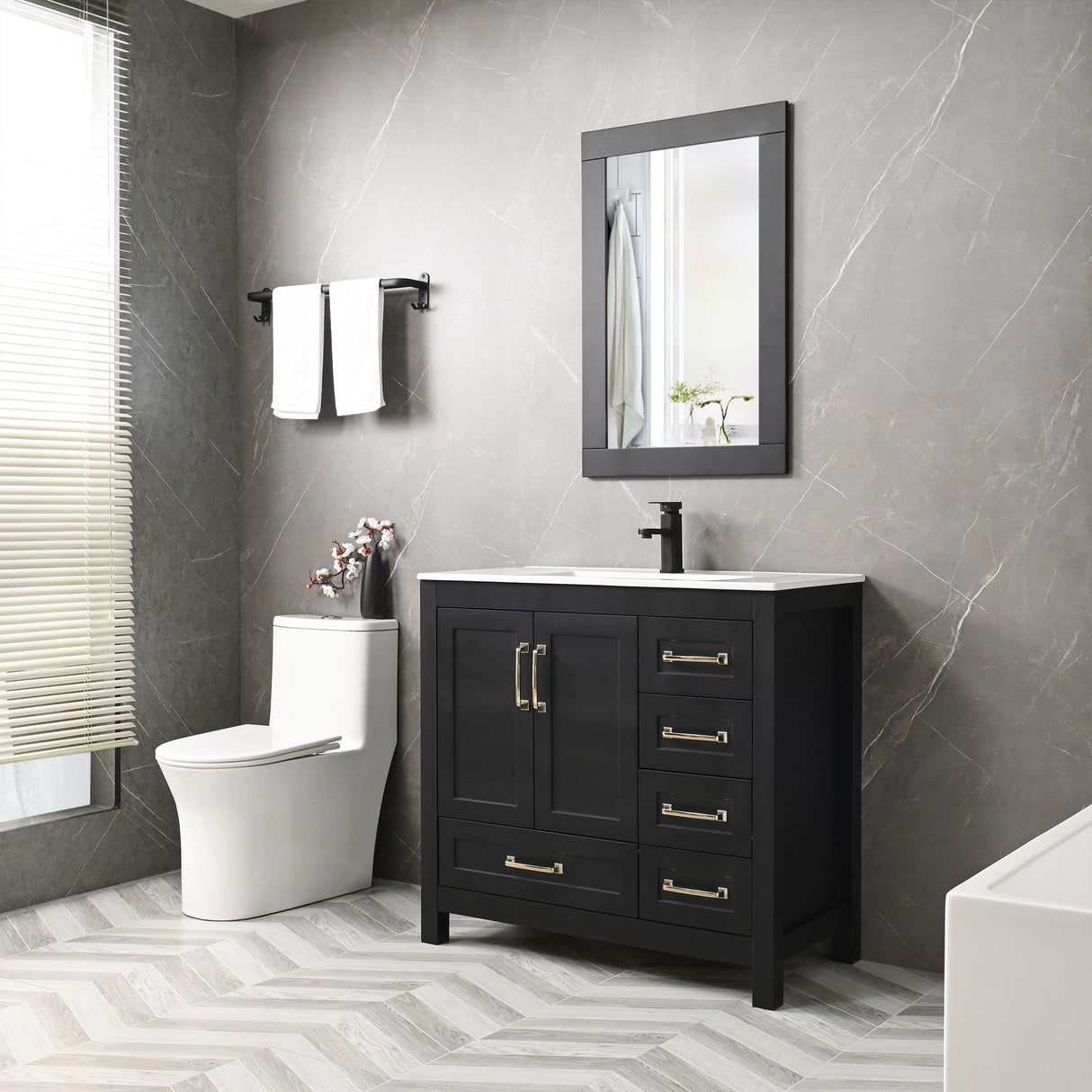 36'' Bathroom Vanities Set Cabinet with Sink Combo Set Under-mount Ceramic Sink Matte Black Faucet Mirror