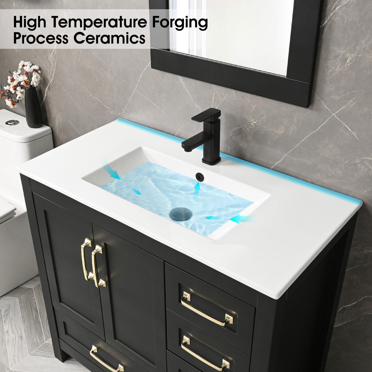 36'' Bathroom Vanities Set Cabinet with Sink Combo Set Under-mount Ceramic Sink Matte Black Faucet Mirror