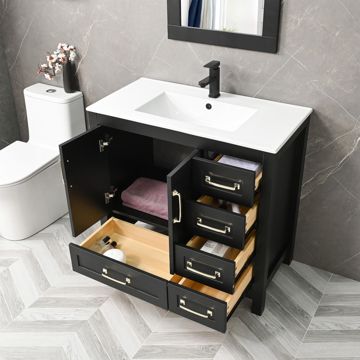 36'' Bathroom Vanities Set Cabinet with Sink Combo Set Under-mount Ceramic Sink Matte Black Faucet Mirror