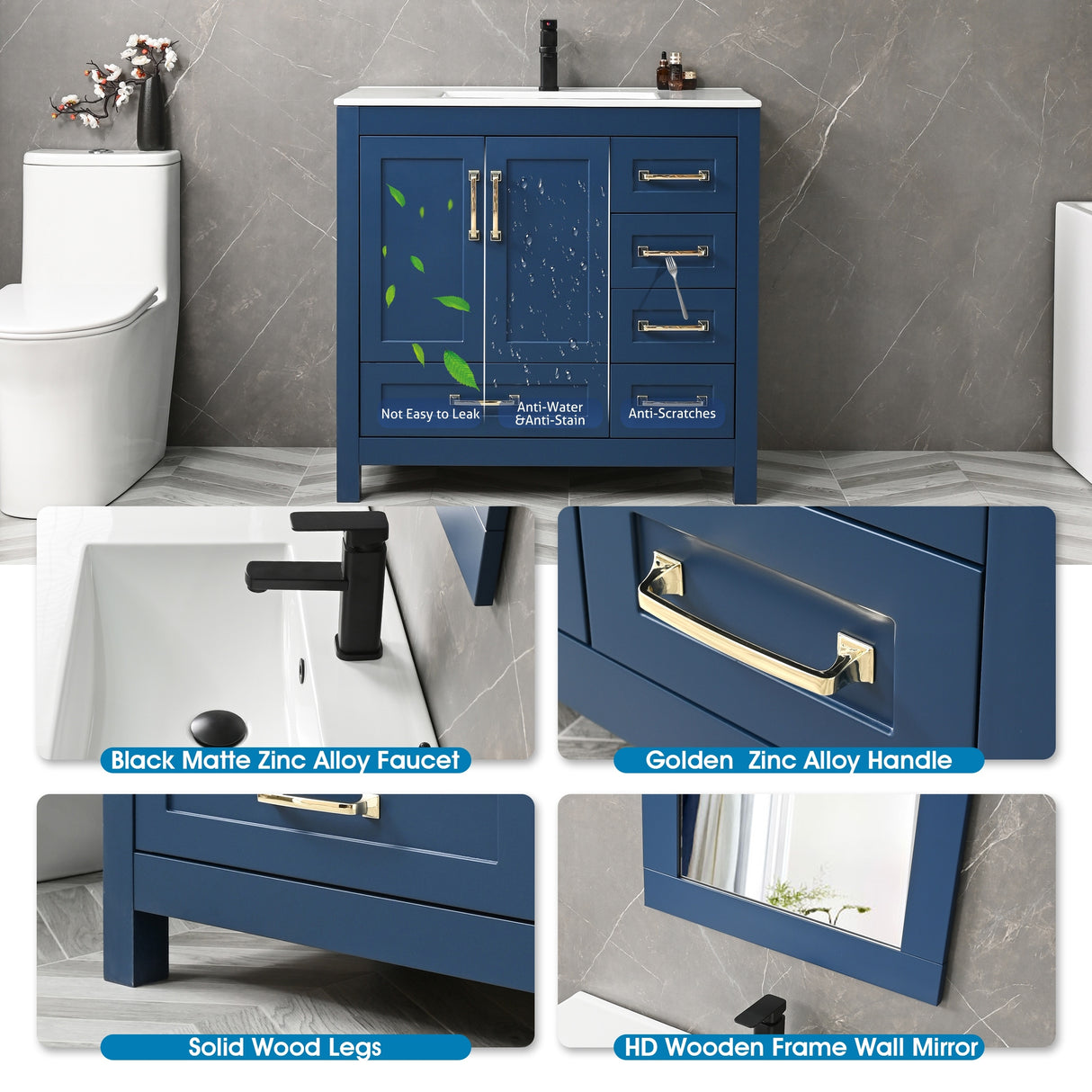 36'' Bathroom Vanities Set Cabinet with Sink Combo Set Under-mount Ceramic Sink Matte Black Faucet Mirror