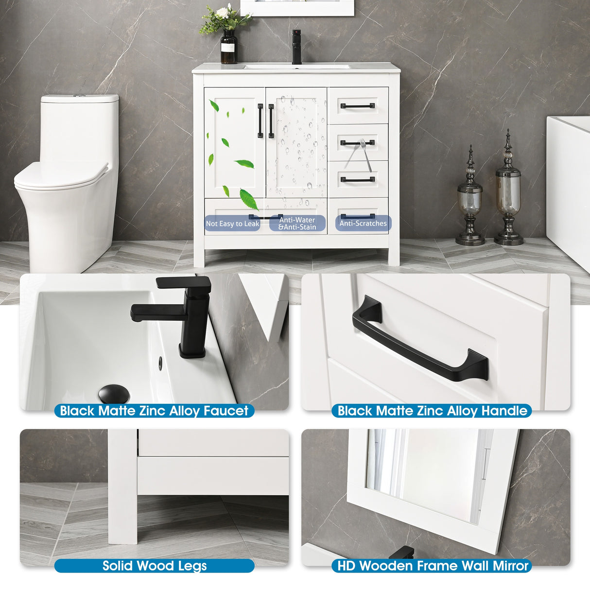 36'' Bathroom Vanities Set Cabinet with Sink Combo Set Under-mount Ceramic Sink Matte Black Faucet Mirror