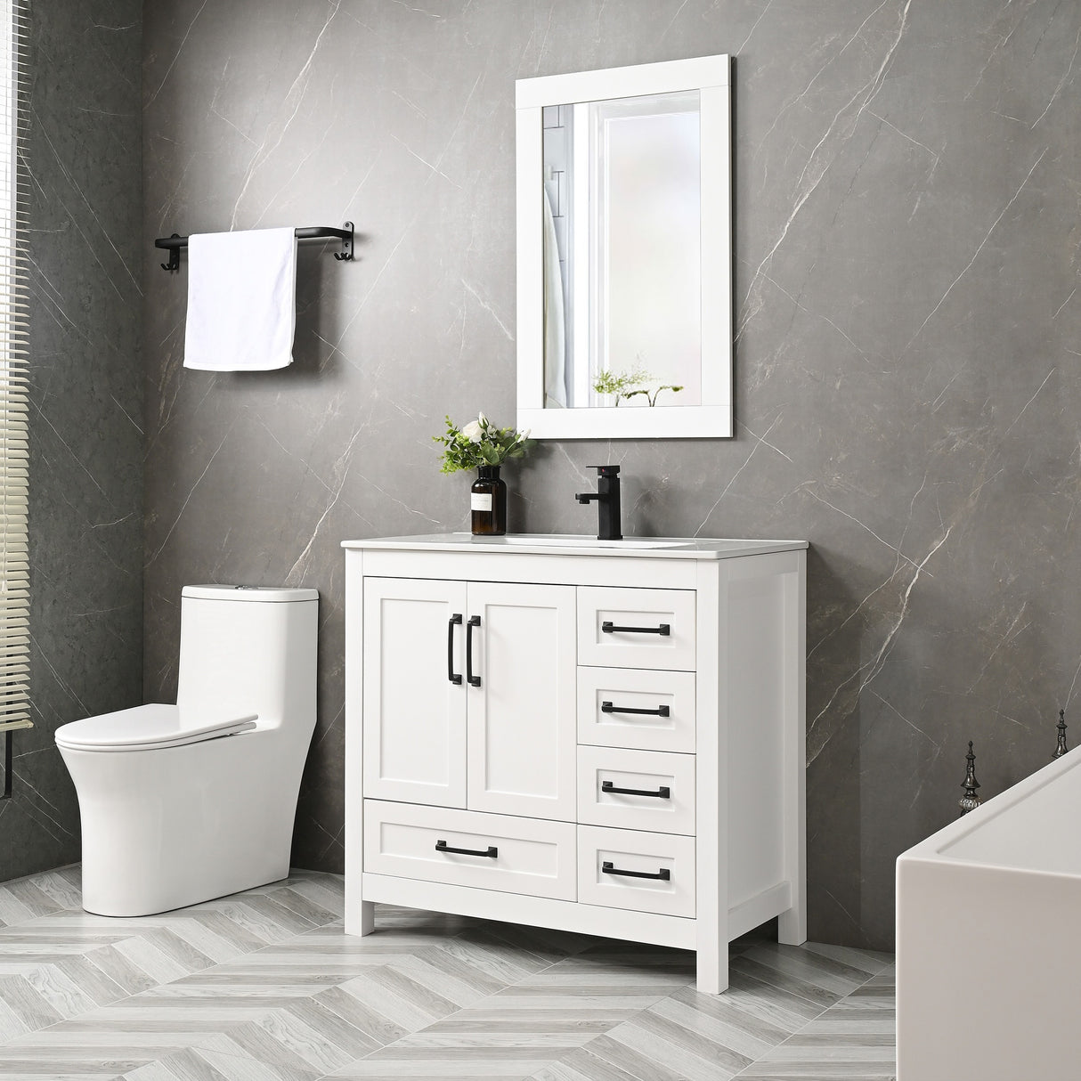 36'' Bathroom Vanities Set Cabinet with Sink Combo Set Under-mount Ceramic Sink Matte Black Faucet Mirror