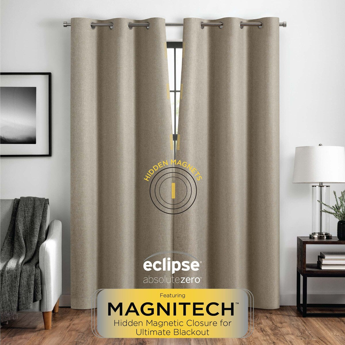 Eclipse Welwick Magnitech 100% Blackout Curtain, Grommet Window Curtain Panel, Seamless Magnetic Closure (1 Panel)