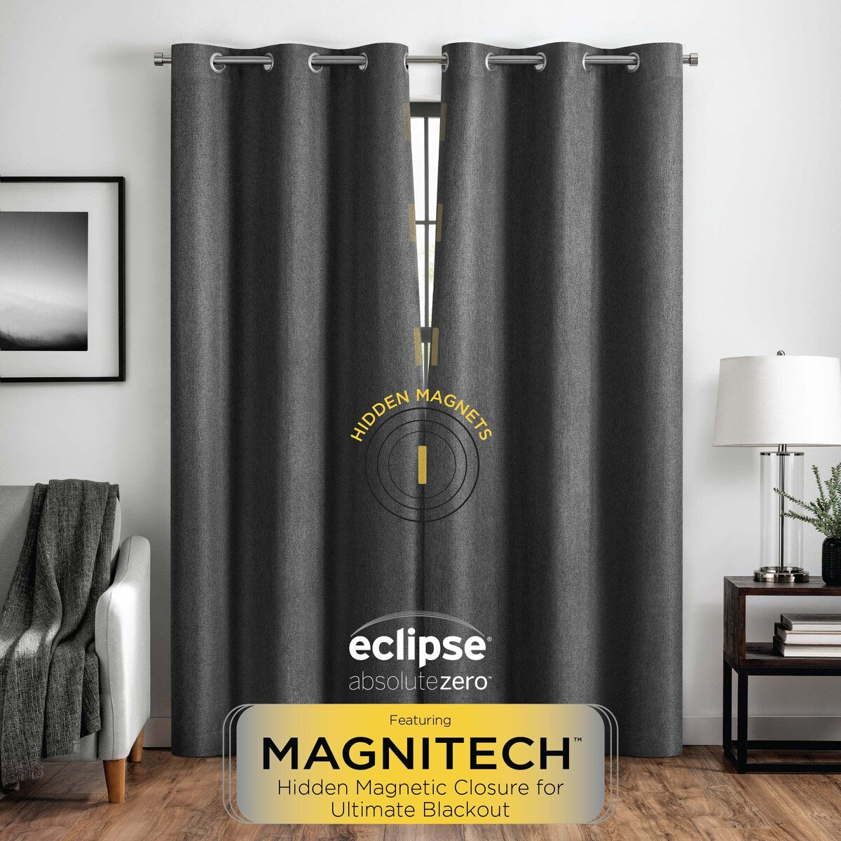Eclipse Welwick Magnitech 100% Blackout Curtain, Grommet Window Curtain Panel, Seamless Magnetic Closure (1 Panel)