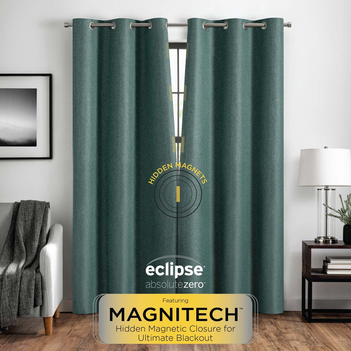 Eclipse Welwick Magnitech 100% Blackout Curtain, Grommet Window Curtain Panel, Seamless Magnetic Closure (1 Panel)