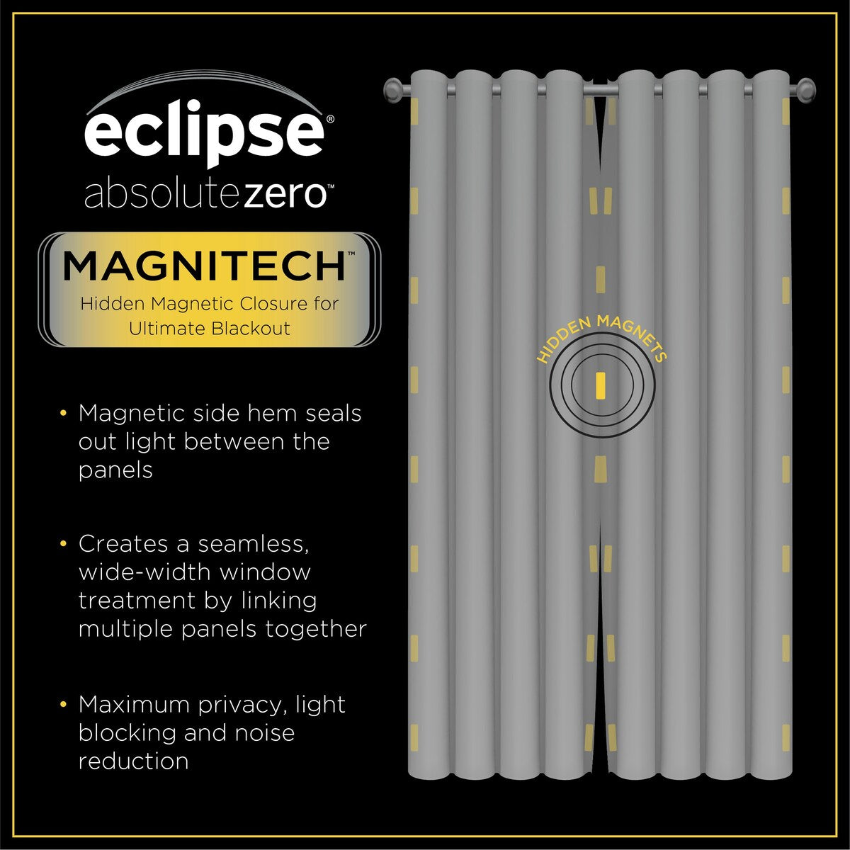 Eclipse Welwick Magnitech 100% Blackout Curtain, Grommet Window Curtain Panel, Seamless Magnetic Closure (1 Panel)
