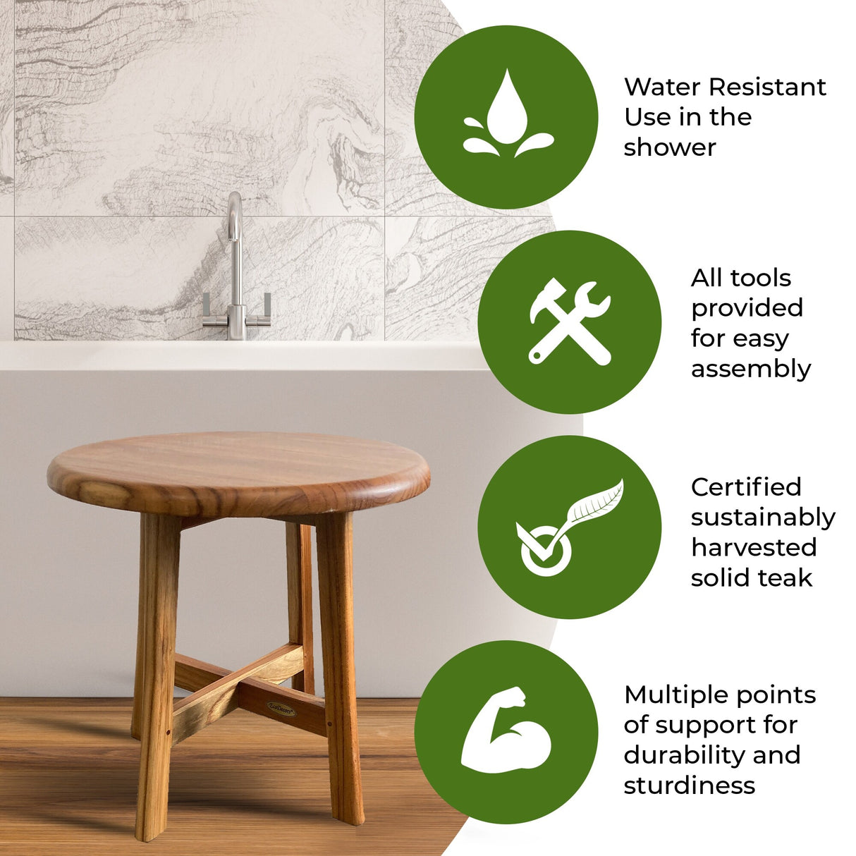 EcoDecors, 12-inches Round Teak Seat, Teak Shower Stool, Teak Shower Bench, Teak Shower Seat, Wood Shower Seat, 18-inches Tall