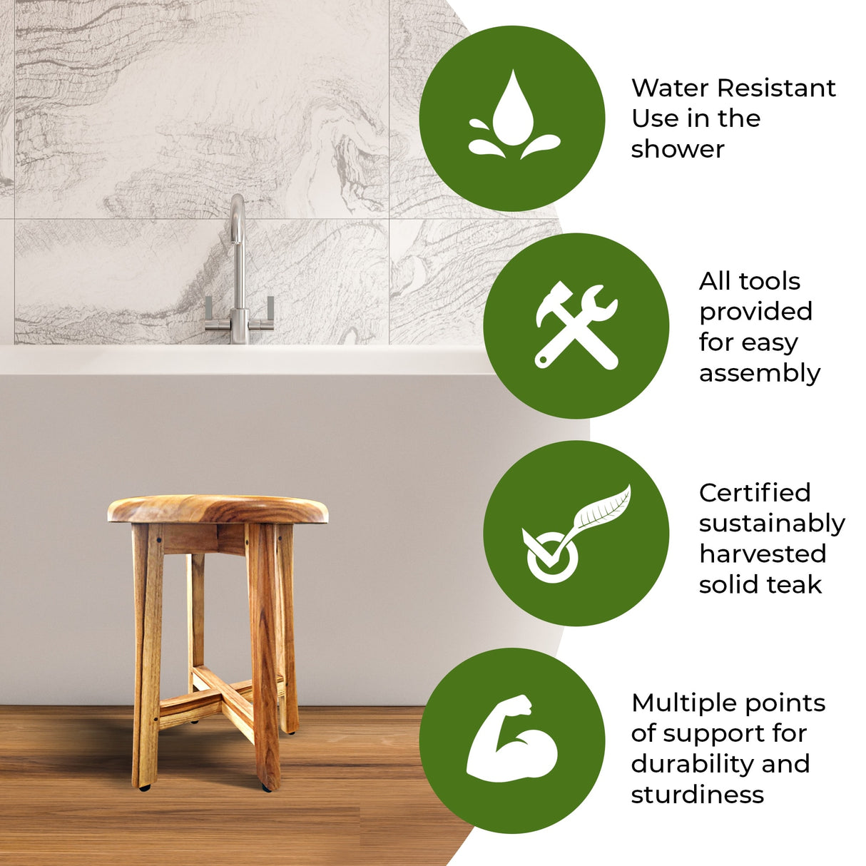 EcoDecors, 12-inches Round Teak Seat, Teak Shower Stool, Teak Shower Bench, Teak Shower Seat, Wood Shower Seat, 18-inches Tall