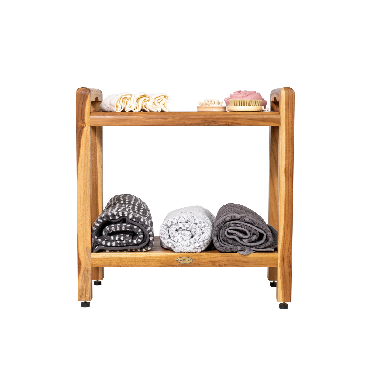 EcoDecors Eleganto 20" Solid Teak Shower Bench With Shelf And LiftAide Arms - EarthyTeak Finish - 18 in